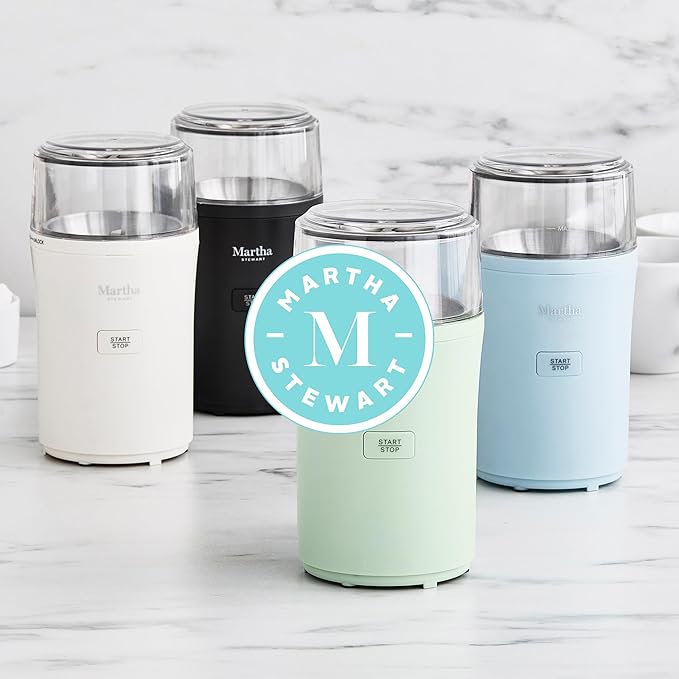 Martha Stewart Electric Coffee & Spice Grinder, Dual 2.5oz Removable Bowls, Storage Lids, Stainless Steel Blades, One Touch Pulse Control, 2-in-1 Compact, Beans & Spices, Herbs & Nuts, Honeydew Green
