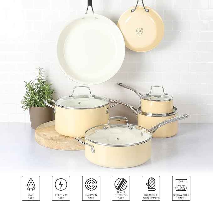 Martha Stewart Lockton Premium Nonstick PFA Free Ceramic Interior 10 Piece Enamel Heavy Gauge Aluminum Pots and Pans Cookware Set - Butter Cream