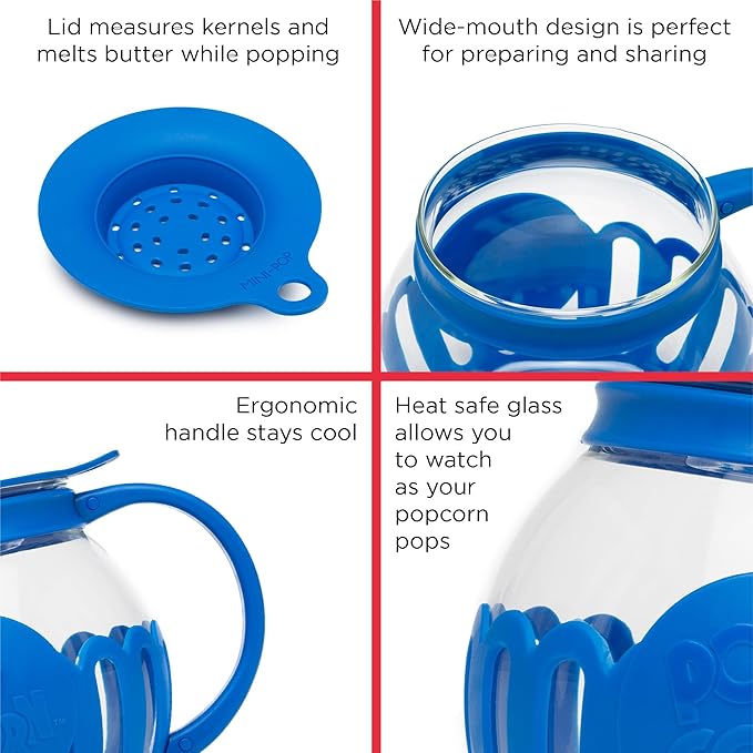 Ecolution Patented Micro-Pop Microwave Popcorn Popper with Temperature Safe Glass,3-in-1 Lid Measures Kernels and Melts Butter,Made Without BPA,Dishwasher Safe,1.5-Quart,Blue,(Pack of 4)