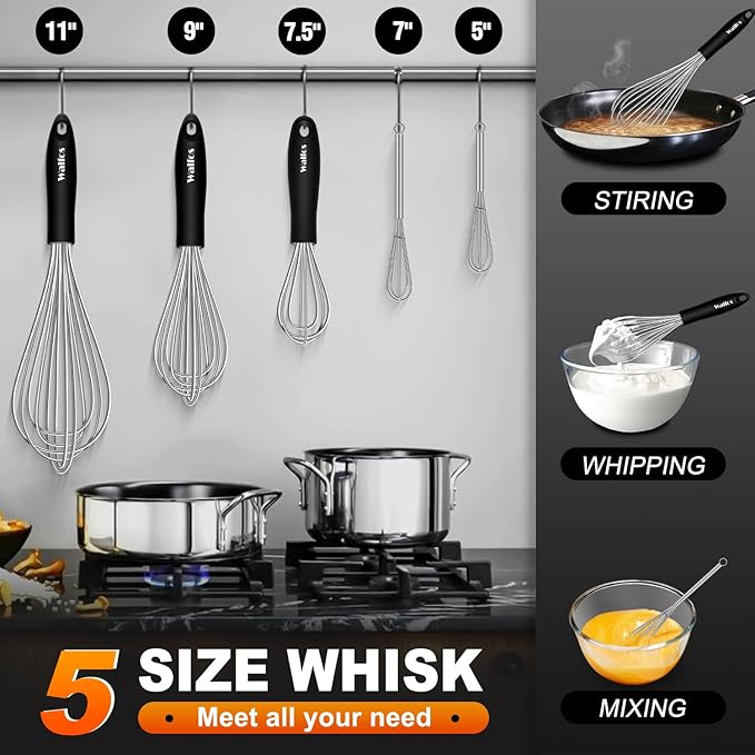 Stainless Steel Whisk Set with 7"+5" Mini whisks, Walfos Heavy Duty Whisks, Kitchen wisk (7+9+11in) Premium for Whisking, Blending, Beating, Frothing & Stirring.