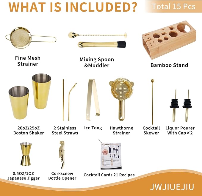 Cocktail Shaker Set Bartender Kit with Bamboo Stand, 15-Piece Stainless Steel Bar Set Accessories, Professional Bartending Kit Home Bar Tools Set with Recipes (Gold, Natural Wood Stand)