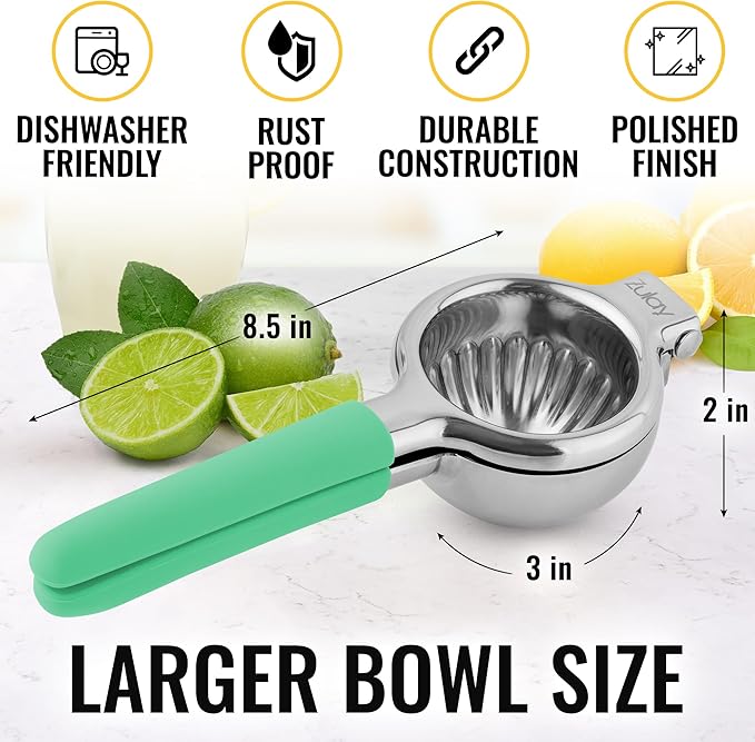 Zulay Kitchen Lemon Squeezer Stainless Steel with Premium Heavy Duty Solid Metal Squeezer Bowl and Food Grade Silicone Handles - Large Manual Citrus Press Juicer and SS Lime Squeezer (Mint)