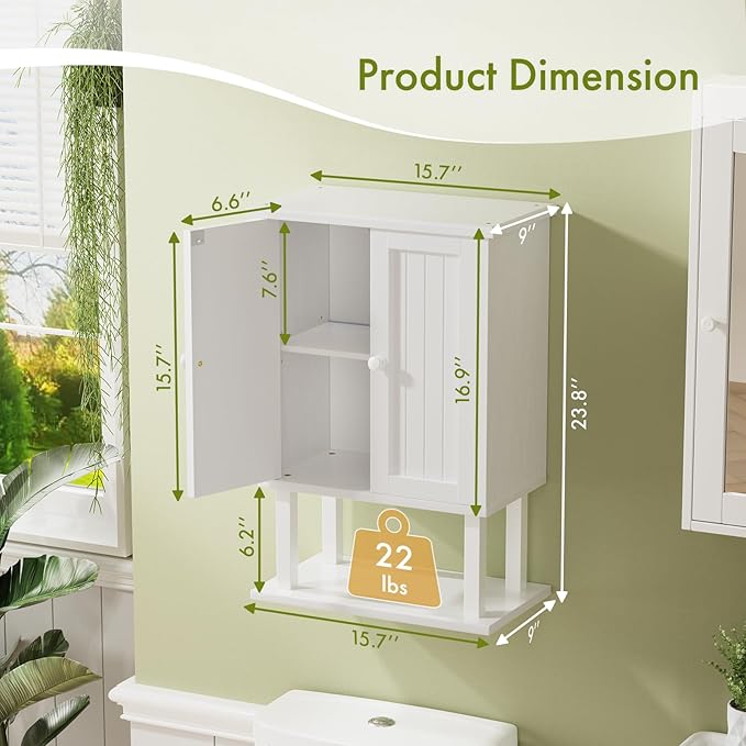 AmazerBath Bathroom Wall Cabinets, Bamboo Over The Toilet Storage Cabinet with Adjustable Shelves, Wall Mounted Medicine Cabinets with 2 Doors for Small Spaces, White, 9.0 x 15.7 x 23.8 Inches