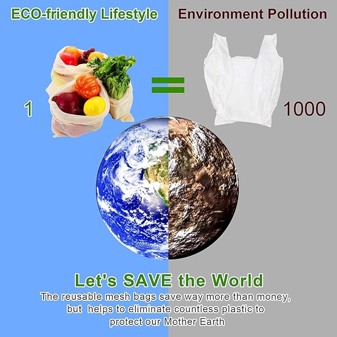 Reusable-Cotton-Mesh-Produce-shopping-Bags-Washable Eco Friendly Premium See Through Lightweight Net zero Bulk Bags for Veggie Fruit Vegetable Grocery Storage (9 Packs)
