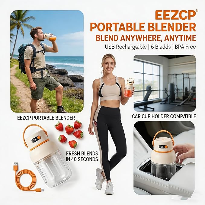 Portable Electric Juicer Cup with Zero Cord Hassle, USB-C Rechargeable, 36 Stainless Steel Blades, 18000 RPM Motor, Leakproof for Shakes,Smoothies,Travel,Gym,Office Outdoor (1200ML)