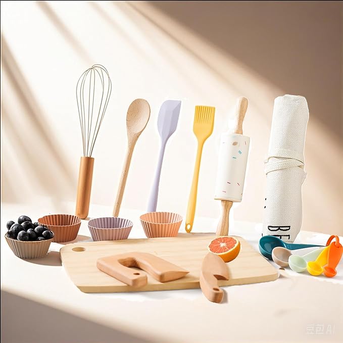 14 Pack Kids Kitchen Tools Set for Real Cooking Montessori Kids Knife and Cutting Board Set Safe for Kids and Toddlers Baking Set Kitchen Accessories