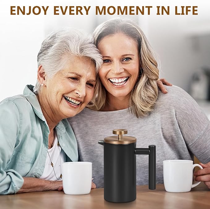 Black Large French Press Coffee Maker 50oz, Double Wall Insulated French Press Stainless Steel,for Coffee&Tea,with 3 Extra Screens and a Coffee Spoon, 50oz/1500ml, Gold