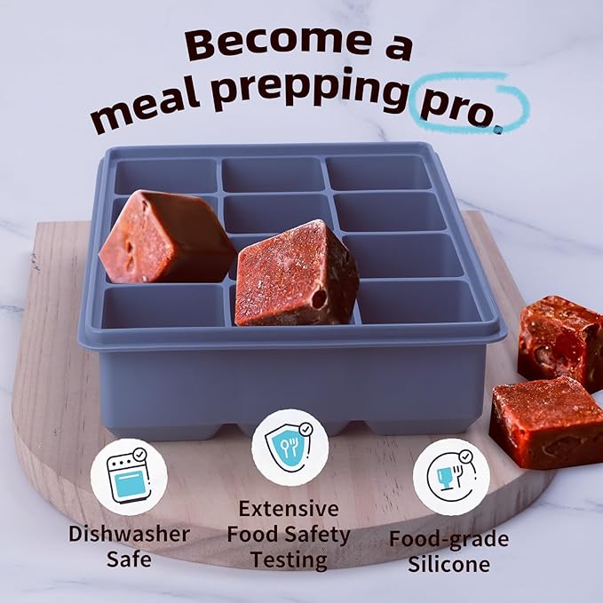 1/2 Cup Silicone Freezer Tray With Lid - Silicone Freezer Molds 2-Pack For meal prep & freezing of various sauces and other dishes, makes 24 perfect 1/2 cup portions cubes (Blue 2 Pack)