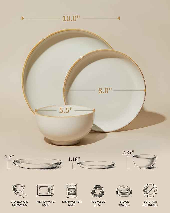 Stoneware Dinnerware Sets for 6, 18 Piece Microwave Safe Plate and Bowl Set, Easy to Clean & Durable Dishes Sets for Small to Medium Families, Yellow White