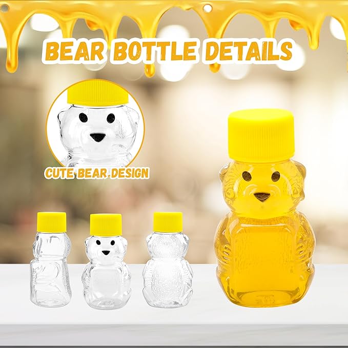 50 Pack 2 oz Honey Bear Bottle Plastic, Reusable Plastic Honey Bear Jars Bulk with Yellow Lid for Storing and Dispensing(60ml /2oz)