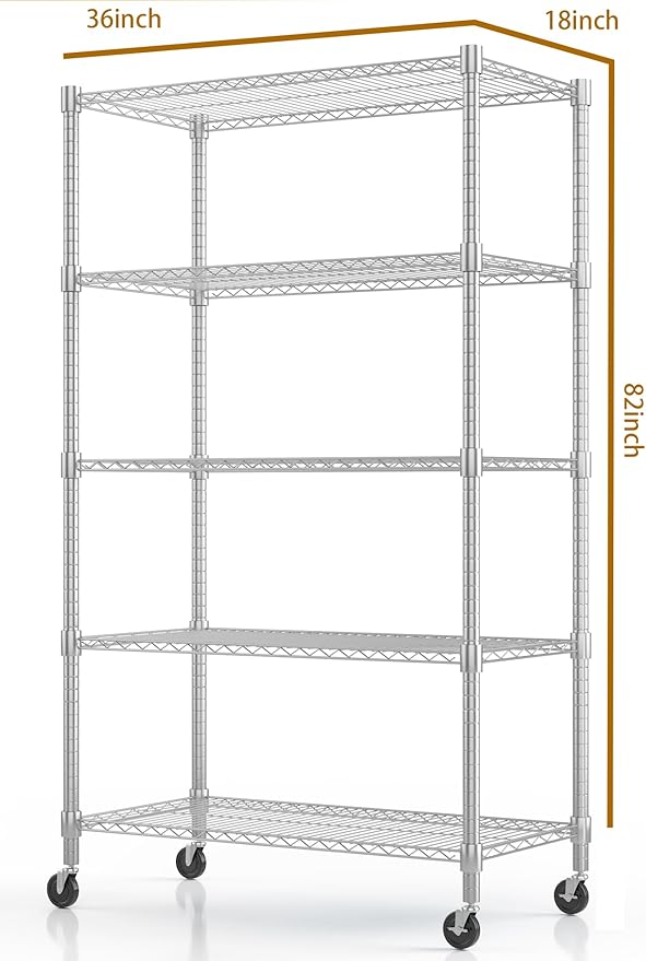 Himimi 5-Tier Heavy Duty Steel Wire Rack Storage Shelving, Adjustable Metal Storage Shelves with Wheels, 82''H Wire Shelf for Kitchen Garage Basement Pantry Organization, 18" D×36" W×82" H-Silver