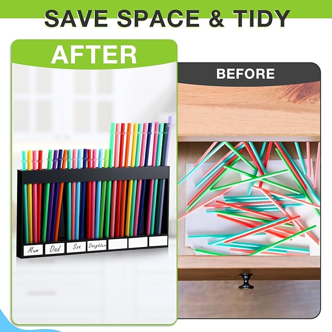 Qinyoung Acrylic Straw Holder for Cabinet Door with Double Sided Adhesive Tape Reusable Straw Organizer Tumbler Storage Kitchen Accessories Container for Counter Cupboard(Classic,Extra Large,Black)