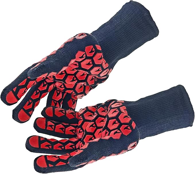 J H Heat Resistant Oven Glove:EN407 Certified 932 °F, 2 Layers Silicone Coating, Oven Mitts for Cooking, Kitchen, Fireplace,Camping, Grilling (Black/Red, Regular Cuff (Upgrade Comfortable FIT))