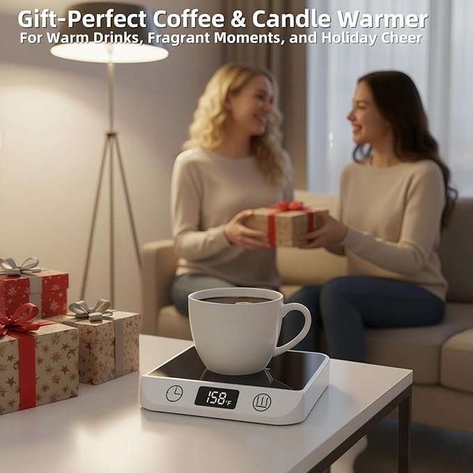 Coffee Mug Warmer & Candle Warmer 46W Electric Cup Warmer for Desk - Smart Digital Display 6 Heat Settings Timer Auto Shut-Off Work from Home Office Gift (White)