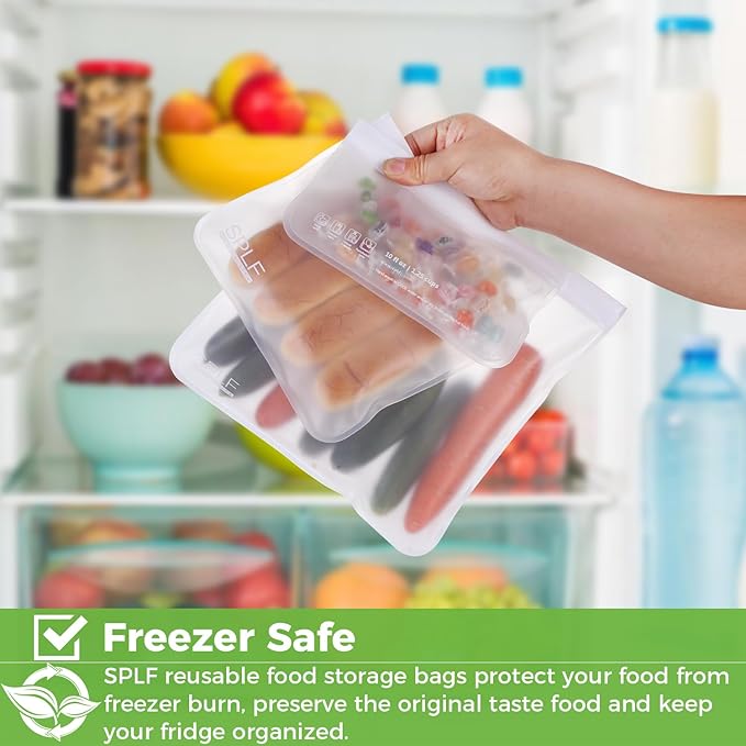 SPLF 10 Pack Dishwasher Safe Reusable Snack Bags, BPA Free Reusable Food Storage Freezer Bags Leakproof Silicone and Plastic Free Lunch Bags Fridge Home Organization