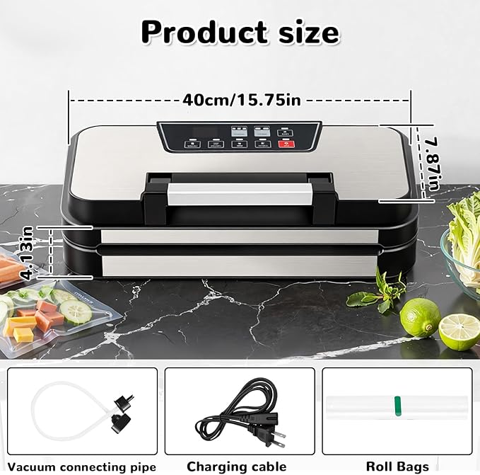 95Kpa Powerful Vacuum Sealer Machine, 11-in-1 Vacuum Sealer for Food with Double Seal, Built-in Cutter & Bag Storage, Vacuum Sealer for Dry Moist Food Preservation, Extend Freshness 8X Longer