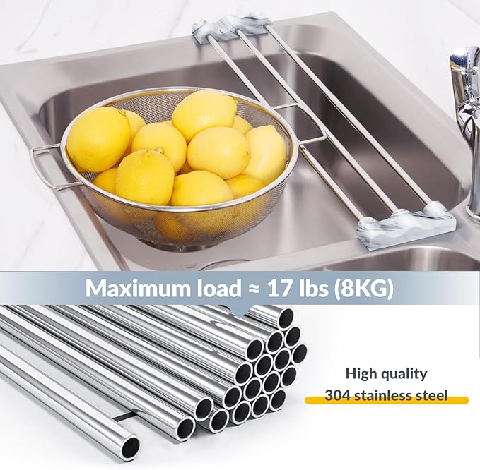 Tomorotec Adjustable Over-The-Sink Kitchen Rack for Dishcloths, Sponges, Bottles and Brushes - Heat-Resistant Stainless Steel with Slim, Expandable Design and Multifunctional Silicone Holder (Marble)