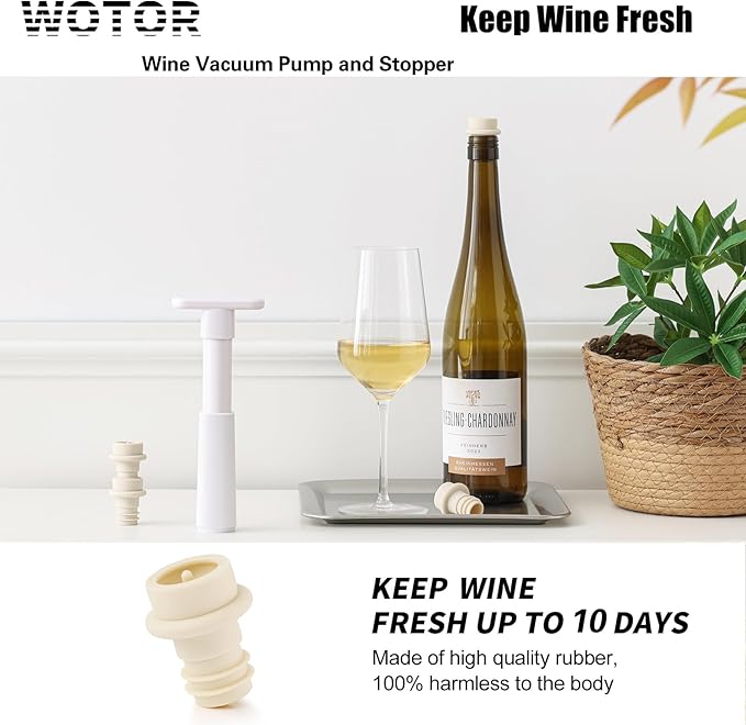 WOTOR Wine Saver Vacuum Pump with 4 Stoppers, Wine Stopper & Preserver, Reusable Bottle Sealer Keeps Fresh, Ideal Accessories Gift, Flat Handle (White) (Pack of 2)