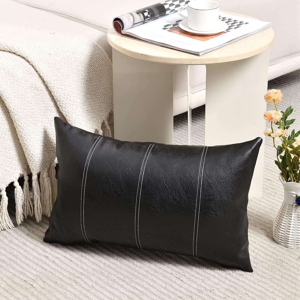 Fancy Homi Black Long Lumbar Faux Leather Decorative Throw Pillow Covers 14x24 Inch for Living Room Couch Bed Sofa, Boho Farmhouse Home Decor, Hand Stitched Rectangle Cushion Case 35x60 cm