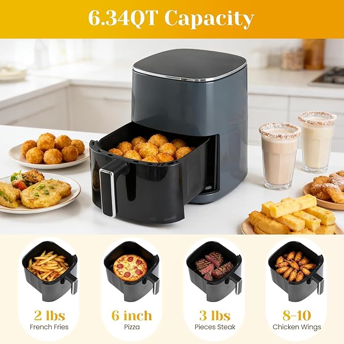 6-Quart Square Air Fryer with Viewing Window – 12-in-1 Multi-Function Appliance for Frying, Roasting, Baking, Steaming & Dehydrating, 400°F Maximum Temperature, Gray