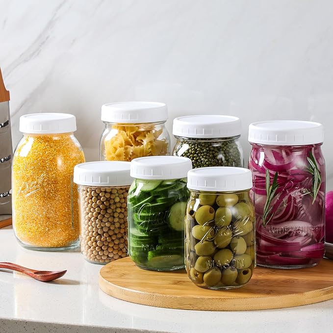 AOZITA 16-Pack Plastic Mason Jar Lids - 8 Regular Mouth and 8 Wide Mouth Jar Lids - Plastic Storage Caps for Ball, Kerr Canning Mason Jars - 100% Sealing & Dishwasher Safe & Food Grade