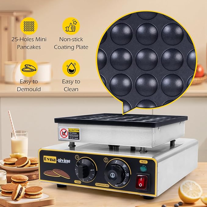 Dyna-Living Mini Pancake Maker 25PCS Commercial Dutch Pancake Maker 950W Small Pancakes Machine Electric Dutch Pancakes Maker, Non-stick Coating, Dorayaki Maker for Home