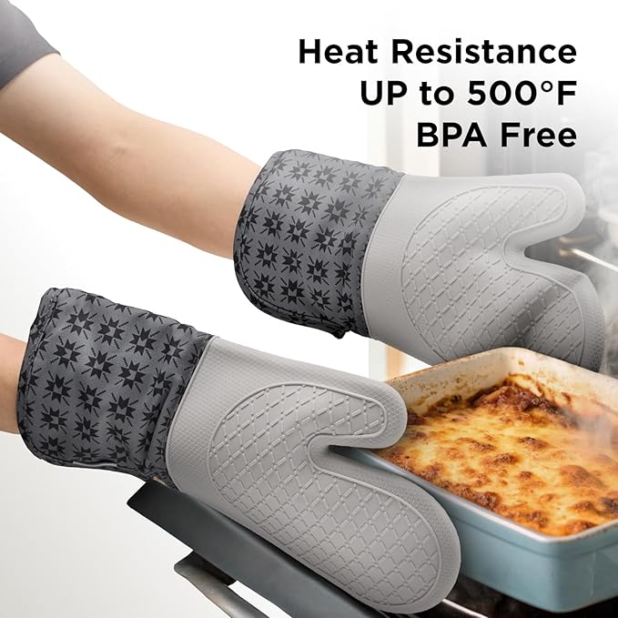 Kitchen Mama UltraShield Silicone Oven Mitts – Heat Resistant, Non-Slip Surface, Durable, Safe, Pot Holders, Flexible Waterproof Glove Set, Perfect for Cooking, Baking, Grilling, BBQ (Gem -Gray)