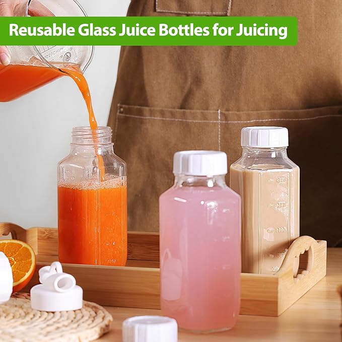 CUCUMI 6 Pack 16 Oz Glass Milk Bottles with Lids, Glass Juice Bottles with Scale & Silicone Pour Spout, Reusable Juice Containers Square Drinking Jars for Milk, Coffee, Smoothies, Water