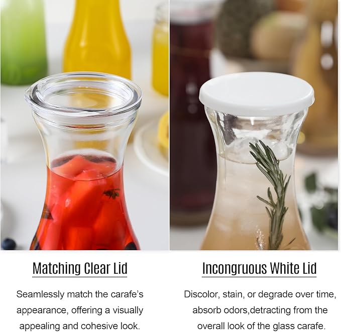 Set of 6 Glass Carafe with Lid, 1 Liter Beverage Serveware Carafe, Clear Glass Pitcher for Mimosa Bar, Brunch, Cold Water, Juice, Milk, Iced Tea, Lemonade