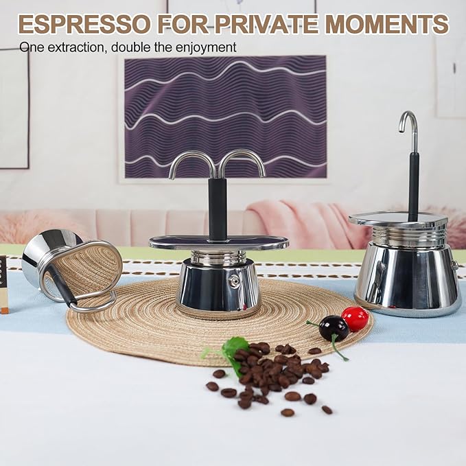 Uncoated 2 Cup Dual Pipe Moka Pot 304 Thickened Stainless Steel Mini Coffee Maker Stovetop Espresso Coffeemaker Italian Classic Style Brewing Greca Cafe Mocha for Camping Travel Home 150ml