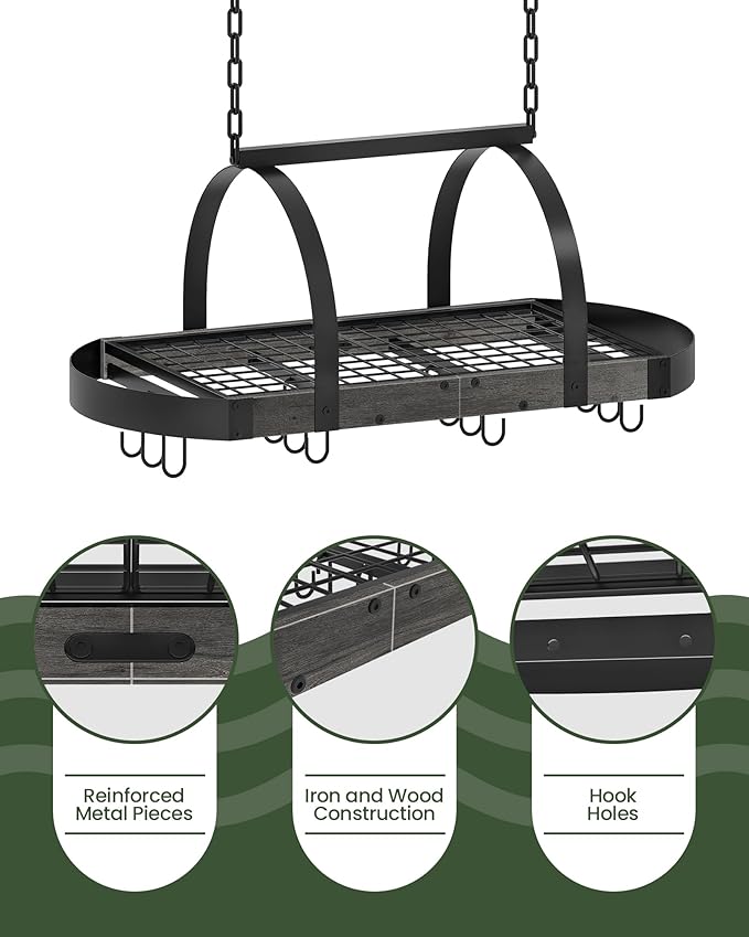 CHOEZON Hanging Pot Rack, Pot Hanger for Kitchen, Ceiling Mounted Pot Holder, Cookware Organizer with 12 S-Shaped Hooks, for Pot, Pan Storage, Space-Saving, Charcoal Black and Black TPR08BCC1