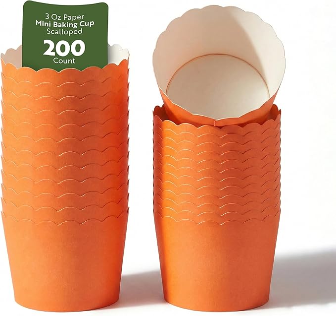 Restaurantware Baking Cups 200 Pack of 3.38 oz Paper Cupcake Liners Greaseproof Scalloped Oven-Safe Elegant Dessert Muffin Cups Disposable for Parties