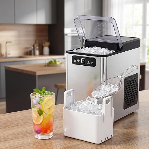 Nugget Ice Maker Countertop,Pellet Ice Machine Chewable Ice 40Lbs/Day,Ready in 5 Mins, Self-Cleaning,Compact Crushed Ice Maker with Scoop for Home/Kitchen/Office, Stainless Steel