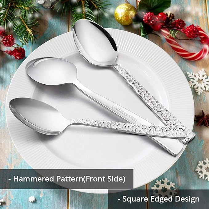 Hammered Dinner Spoons Set of 6, E-far 7.9 Inch Stainless Steel Soup Spoons Tablespoons for Home, Kitchen or Restaurant, Non-toxic & Mirror Polished, Squared Edge & Dishwasher Safe
