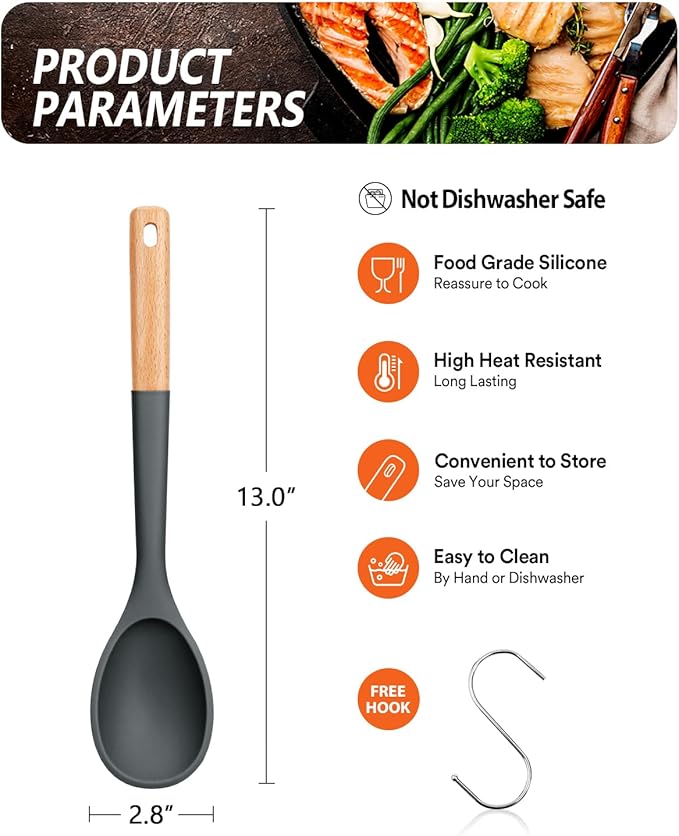 Large Silicone Cooking Spoons, Nonstick Solid Wooden Handle Spoon, Heat Resistan Silicone Kitchen Spoons for Cooking, Serving, Basting, Mixing, 13.2inch (Grey)