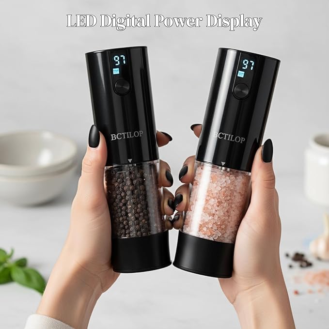 2Pack Electric Salt and Pepper Grinder Set with Power Display, USB Rechargeable Automatic Salt & Pepper Mills, Adjustable Coarseness, 120ml Larger Capacity with LED Light (Black Set)
