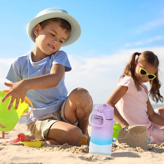Volhoply 14oz KIds Water Bottle with Straw Lid and Silicone Boot Bulk 2 Pack,Stainless Steel Insulated Cups for Boys & Girls Multipack,Double Wall Vacuum Leakproof Bottles(Assorted,2)