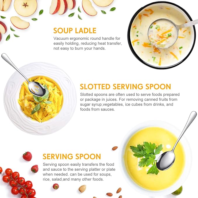 Patelai Serving Utensils Set Include Stainless Steel Large Spoons Slotted Spoons Forks Tongs Soup Ladle and Pie Server for Parties Buffet Catering, Dishwasher Safe(Silver,10 Pieces)