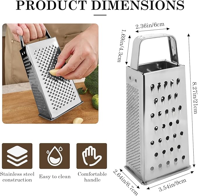 Stainless Steel Vegetable Grater, 4-Sided Portable Metal Grater, Cheese Grater with Handle for Kitchen (8inch)