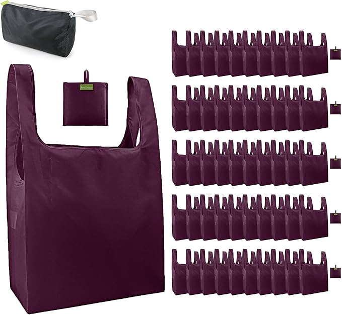BeeGreen Burgundy Reusable Grocery Bags Wine Red Reusable Kitchen Bags Bulk Foldable-Machine Washable with Zipper Storage Pouch 50 Packs