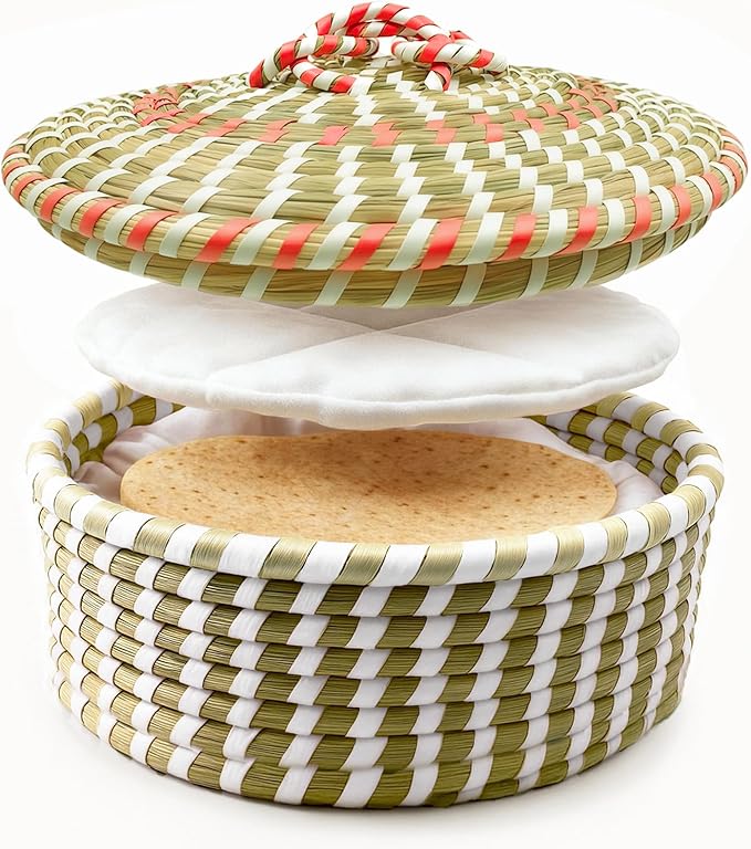 Handwoven Seagrass Tortilla Warmer Basket with Lid, 9.6" Breathable Natural Tortilla Holder with 2 Washable Cotton Liners, Boho Farmhouse Style Server for Tortillas, Roti, Pancake & Flatbread