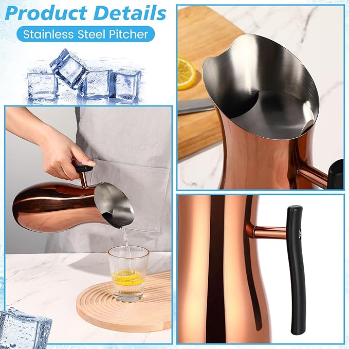 Funnymoom 2 Pcs 2 L Stainless Steel Water Pitchers with Lid Removal Ice Guard Handle Modern Metal Water Pitcher Hot Cold Drink Serving Tool for Restaurants Home Bar Christmas Party(Rose Gold)