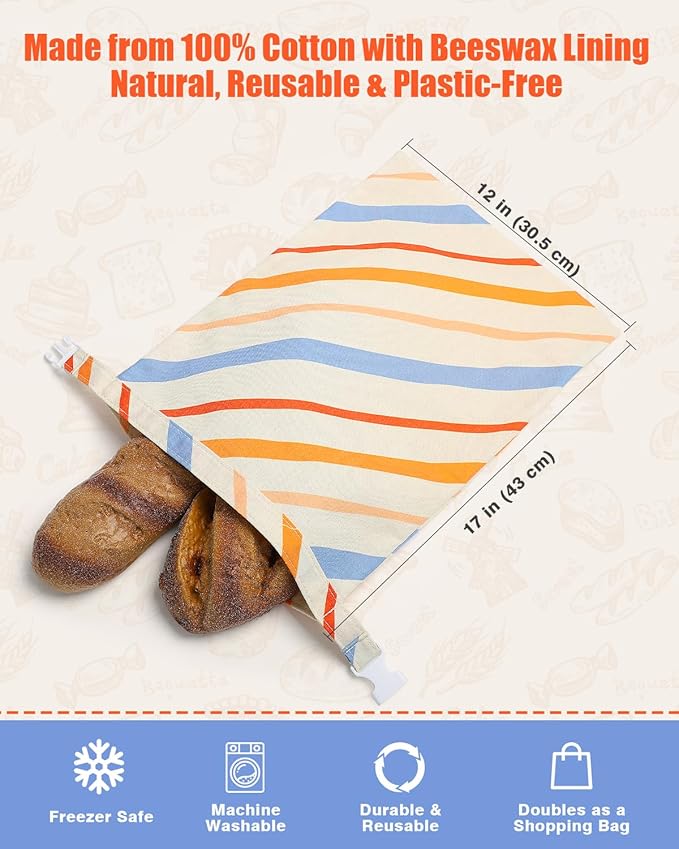 Reusable Bread Bags for Sourdough - Beeswax Cotton Bread Bags for Homemade Bread, Thicker Cloth Design for Freezing to Keep Bread Fresh, 2 Pack XL 17x13 Inch