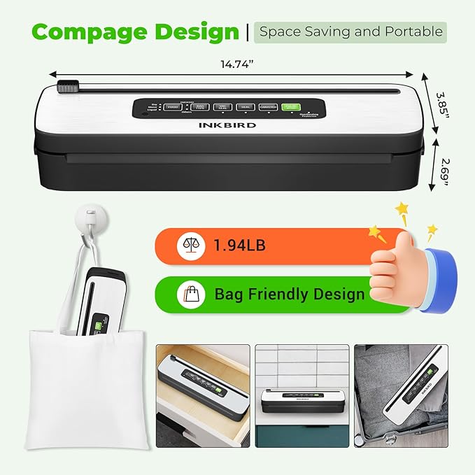 Vacuum Sealer Machine, INKBIRD Powerful 130W High Power with Liquid/Moist/Dry 6-Food Modes, Compact Food Preservation System with Cutter, Full Start Kit with Pre-cut Bags*10 (8''*11.8''), EXT-VAC