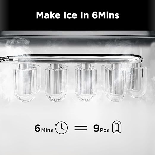 Countertop Ice Maker, 9 Cubes Ready in 6 Mins, 26lbs in 24Hrs, Self-Cleaning Ice Machine with Ice Scoop and Basket, 2 Sizes of Bullet Ice for Home Kitchen Office Bar Party, Black