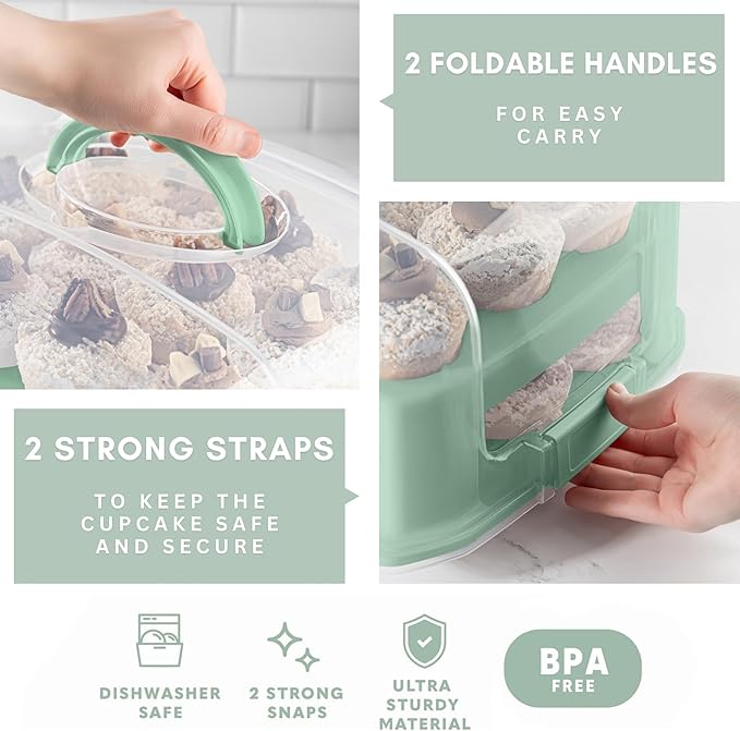 MosJos EXTRA TALL DOME 24 Cupcake Carrier, Green Cupcake Holder Carries 24 Cupcake Storage Container, Muffin Traveler Two Tier Stand Reusable Cupcake Box