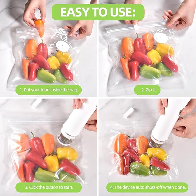 Vacuum Sealer for Food, with 15 Reusable Vacuum Bags, Handheld Vacuum Sealer with Auto-Stop、Detachable Filter and Visible Water Tank, Seal Meal Saver