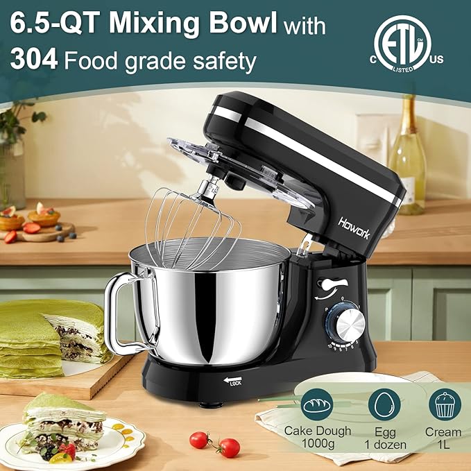Stand Mixer Electric, 10+p Speeds With 6.5QT Stainless Steel Bowl,Dough Hook, Wire Whip & Beater,for Most Home Cooks(Black)