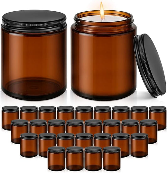 Tecohouse 8oz Glass Jars with Lids, 30 Pcs Amber Candle Jars for Making Candles with White Labels & Inner Liners, Empty Airtight Round Cosmetic Containers for Cream, Spice, Lotion, Ointments, Liquid