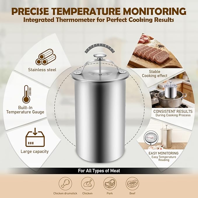 Stainless Steel Meat Press with Thermometer, Ham Maker Cooker for Cold Cut, Spring Mechanism Meat Press Mold for Homemade Ham, Healthy Home Cooking Tool (Silver 2)